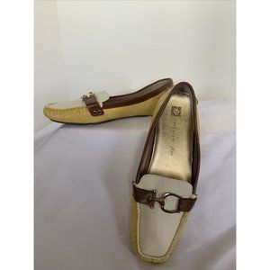 Anne Klein LeatherFlat  Slip-Ons Yellow Tan Silver Buckle Women’s 9 1/2 Medium
